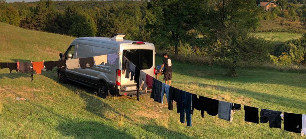 Van life laundry day at camp spot in Croatia